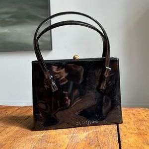 Vintage After Five Black Patent Leather Handbag with Satin Coinpurse